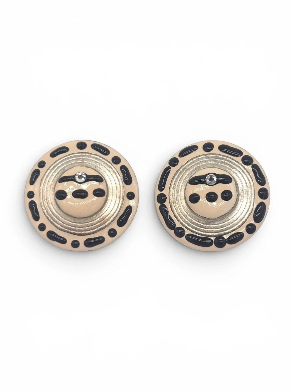 Vintage 1980s Cream & Black Enamel Abstract Geometric Statement Pierced Earrings